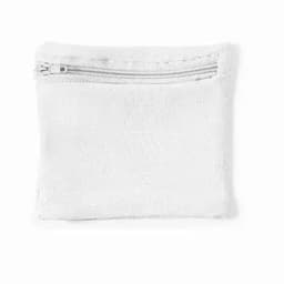 A small white pouch with a zip closure, featuring a simple and plain design.