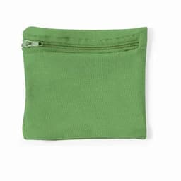 A green pouch with a zip closure, featuring a simple and smooth fabric texture.