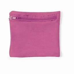 A small pink pouch with a zippered closure, featuring a textured surface.