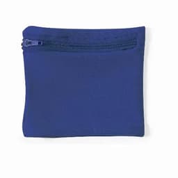 A small blue pouch with a zip closure, featuring a textured fabric design.