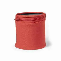 A red insulated drink bottle holder with a zip fastening and a soft fabric exterior. It features a logo on the front.