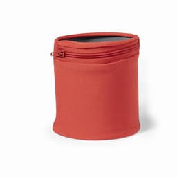 An insulated drink bottle sleeve in vibrant orange with a zip closure and a soft fabric exterior.