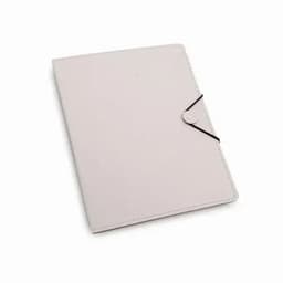 A light grey folder with a button closure and elastic band, featuring a simple design.
