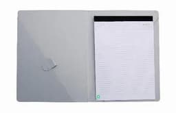 A grey folder with a clipboard and notepad inside, featuring a simple clasp closure.