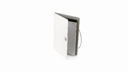 A white leather notebook with a textured grey cover and a black elastic closure. It has a button fastener.