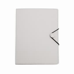 A grey folder with a button closure and an elastic band, featuring a simple and minimalist design.