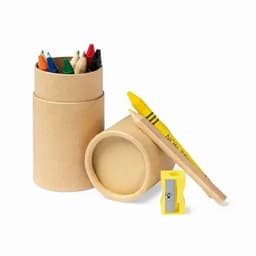 A set of coloured pencils in a cylindrical container, featuring red, green, blue, yellow, and black pencils, along with a sharpener.
