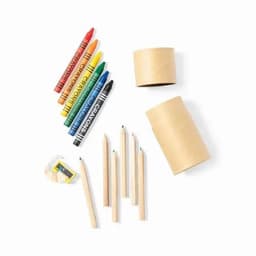 A selection of coloured pencils and crayons in various colours, along with two cylindrical containers and a sharpener.