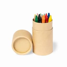 A cylindrical container with a lid, holding a variety of coloured crayons in red, orange, yellow, green, blue, and black.