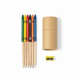 A set of six coloured pencils in red, yellow, green, blue, orange, and black, with a sharpener and a cardboard tube.