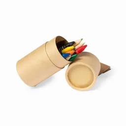 A cylindrical pencil case in beige, containing multi-coloured pencils, some arranged upright and others spilling out.