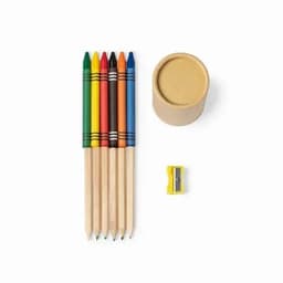 A set of coloured pencils in red, blue, green, yellow, orange, and brown, alongside a sharpener and a wooden container.