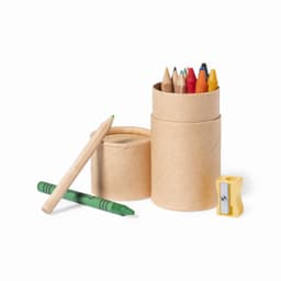 A container of coloured pencils, crayons, and a sharpener, all in natural paper packaging.