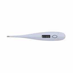 A digital thermometer in white with a curved design and a clear display showing a temperature reading.