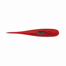 A digital thermometer in bright red with a long probe and a display showing a temperature reading.