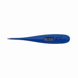 A digital thermometer in bright blue, featuring a slim design and a display showing a temperature reading.