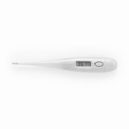 A digital thermometer in white, featuring a long tip and a clear display showing the temperature reading.