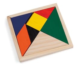 A tangram puzzle featuring various geometric shapes in red, yellow, green, blue, and orange, set in a wooden base.