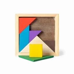 A tangram puzzle with various coloured wooden pieces, including red, blue, purple, yellow, and green, in a square frame.