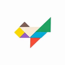 A colourful tangram puzzle made up of various geometric shapes in yellow, purple, red, blue, green, white, and brown.