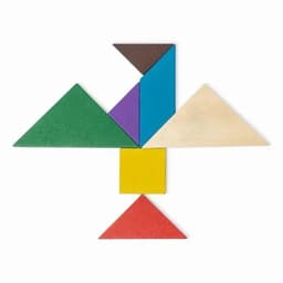 A colourful tangram puzzle featuring various geometric shapes in green, blue, purple, yellow, red, and brown.