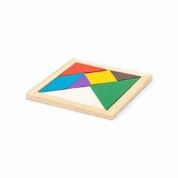 A Tangram puzzle featuring brightly coloured geometric shapes in red, blue, yellow, green, brown, and white on a wooden base.
