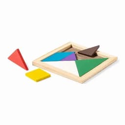 A tangram puzzle featuring various coloured shapes including green, purple, yellow, red, and brown, set in a wooden frame.