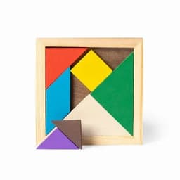 A wooden tangram puzzle with colourful pieces in red, blue, green, yellow, and brown arranged in a square frame.