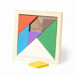 A wooden tangram puzzle with colourful geometric pieces in red, blue, green, purple, yellow, and white.
