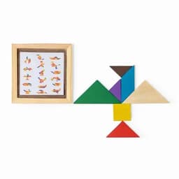 A tangram set featuring colourful geometric wooden pieces arranged into a bird shape, with a guide illustration in a frame.