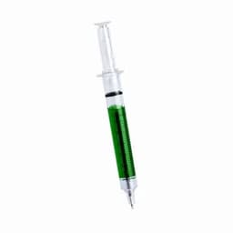 A green liquid-filled syringe pen with measurement markings and a clear body. It has a logo on the side.