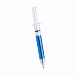 A drink bottle shaped like a syringe, featuring a transparent design with blue liquid inside and a silver logo.