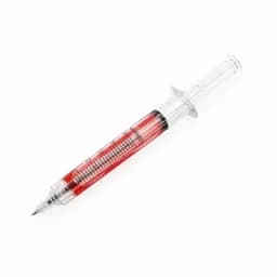 A syringe-shaped pen filled with red ink, featuring clear markings and a transparent body.