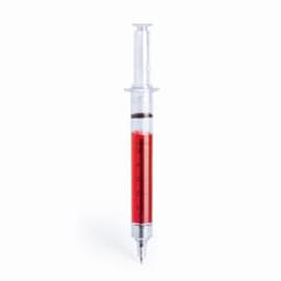 A syringe-shaped pen with a transparent body and red liquid, featuring measurement markings and a branding logo.