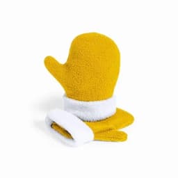 A yellow oven mitt with a white cuff, featuring a fluffy texture and a mitten shape, displayed against a neutral background.