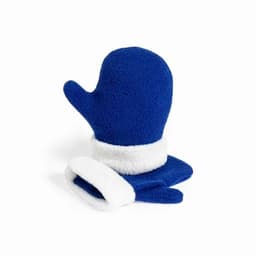 A blue mitten with a white cuff, accompanied by a matching wristband. Soft fleece material is used throughout.