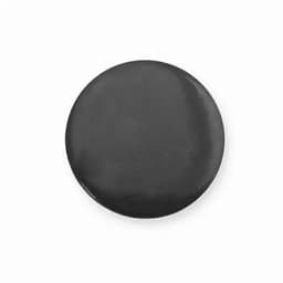 A round black promotional product with a glossy finish, featuring a central logo.