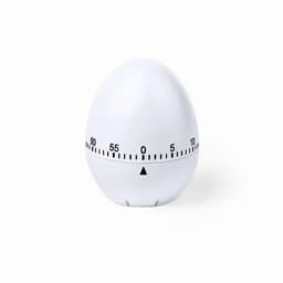 A white egg-shaped kitchen timer with a dial displaying minutes and seconds, featuring a triangular pointer.