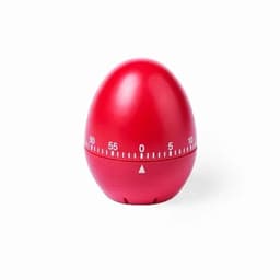A red egg-shaped kitchen timer with a white scale displaying minutes. Features a branding logo on the front.
