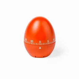 An orange egg-shaped kitchen timer with a white numbered dial and a triangular pointer at the bottom.