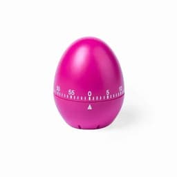 A pink egg-shaped timer with a white countdown scale and arrow indicator at the bottom.