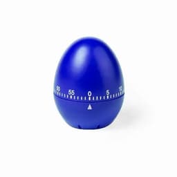 A blue egg-shaped timer with a circular dial marked from 0 to 60 minutes, featuring a small white arrow indicator.