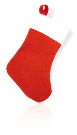 A red Christmas stocking with a white cuff, featuring a loop for hanging.