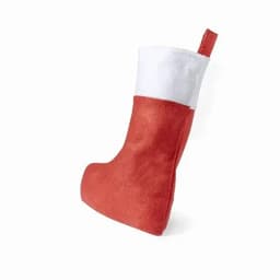 A red and white stocking, made of soft fabric, with a small loop for hanging.