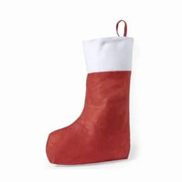 A red Christmas stocking with a white cuff and a hanging loop, made of soft fabric.