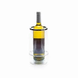 A clear glass wine chiller with a silver ring, holding a bottle of wine inside.