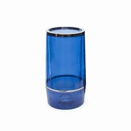 A drink bottle in a vibrant blue colour with a silver band around the top. It features a sleek, modern design.