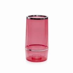 A red drink bottle with a silver band around the middle, featuring a sleek, transparent design.