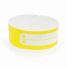 A bracelet in yellow and white with a band design, featuring a logo.