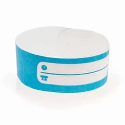 A blue wristband with a white section for writing information, featuring a simple design and a logo.